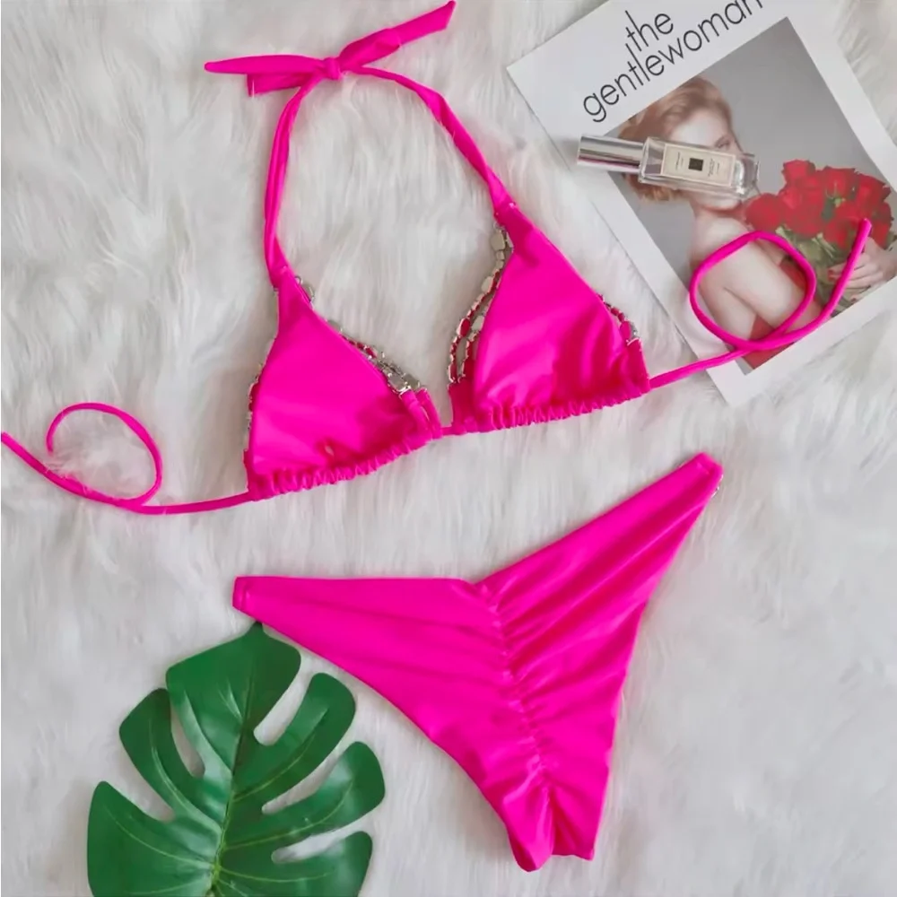 Hot Pink Bling Rhinestone Swimsuit Two Piece Set Push Up Bikini Swimwear - Picture 2 of 5